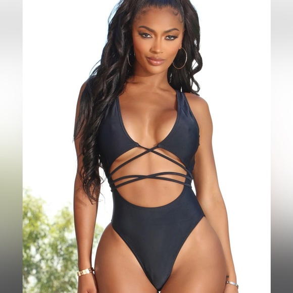 Fashion Nova Ocean Calling Wrap Tie One Piece Swimsuit - Black - Picture 2 of 8